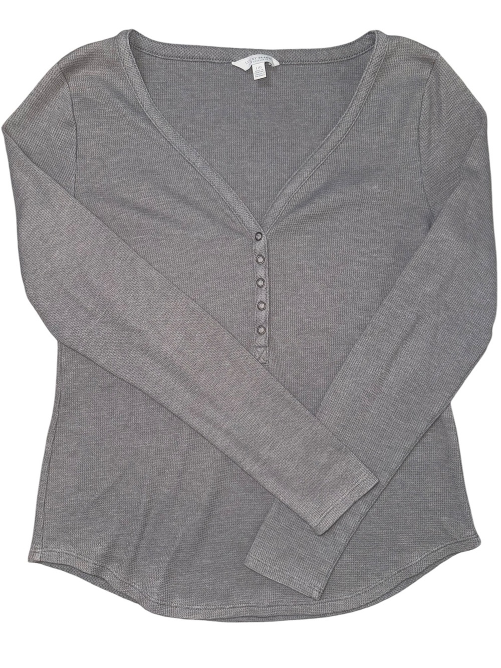 Lucky Brand Women’s Large Gray Ribbed Henley Long Sleeve Top Curved Hem